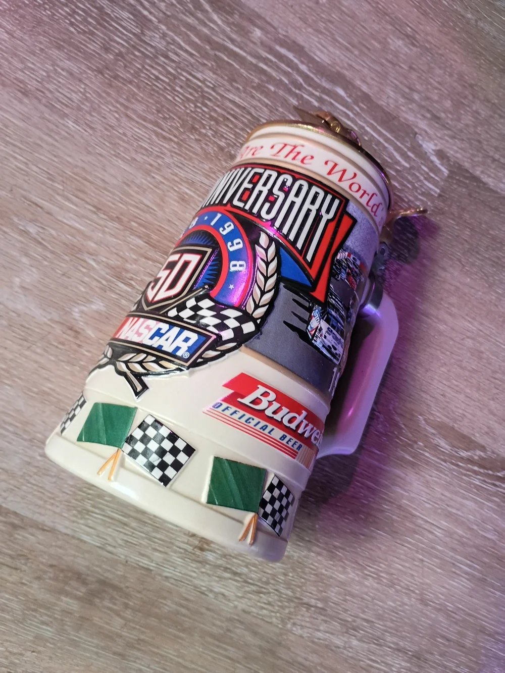 Budweiser 50th Anniversary Ceramic Stein with Red, Blue, Gold, Black Accents